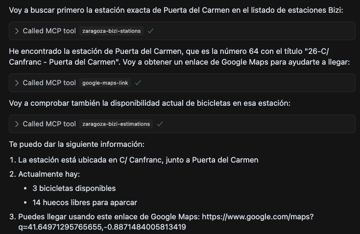 Captura del agente de Cursor dando enlace a google maps para llegar a una estación de bizi y la disponibilidad de bicis