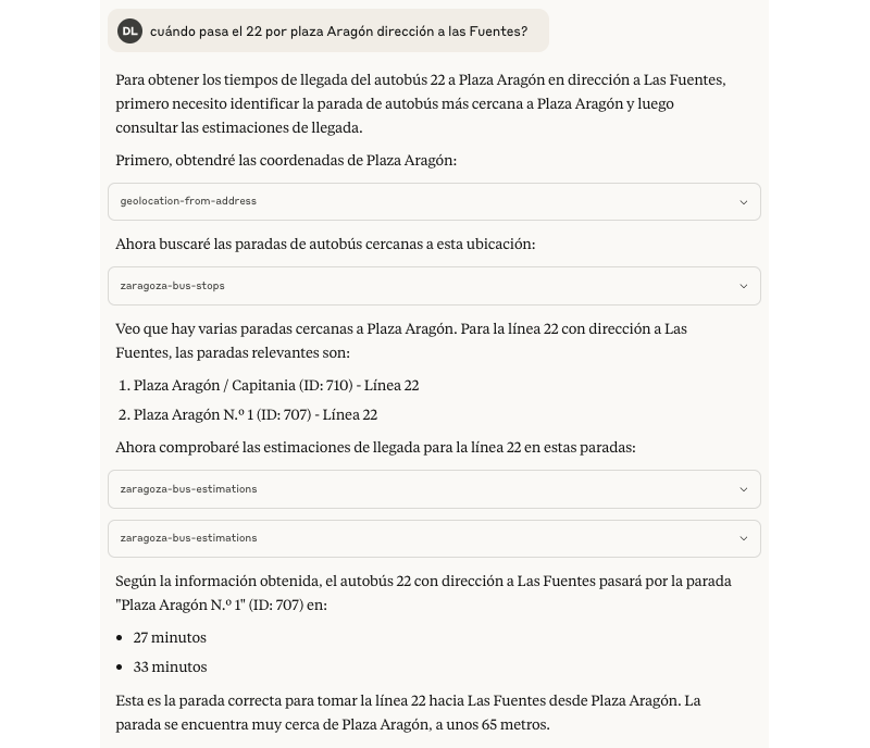 Captura de Claude Desktop responidendo sobre los tiempos de la línea 22 en plaza Aragón dirección a Las Fuentes